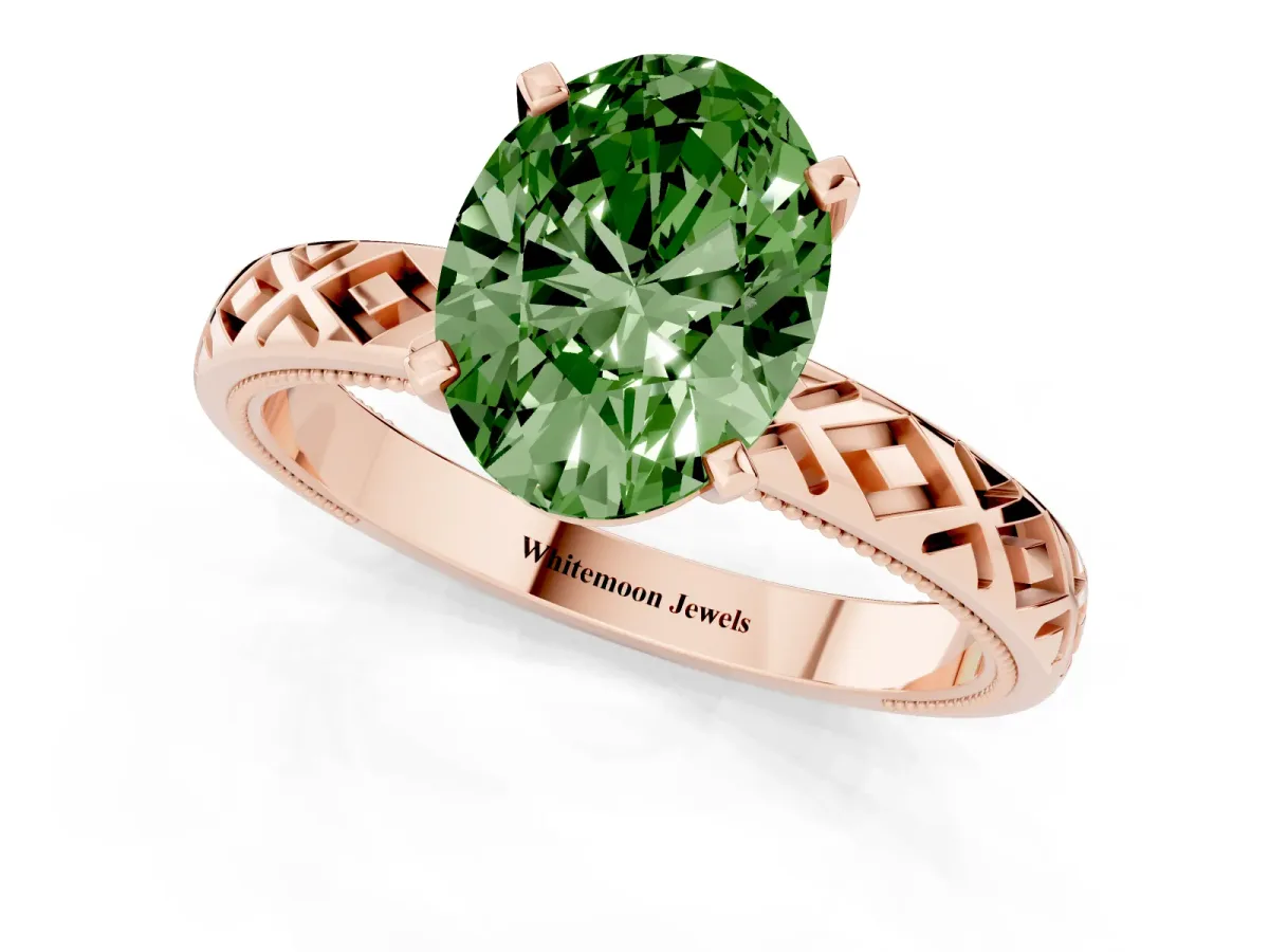 Fancy Green Oval Cut Solitaire Diamond Ring with Milgrain and Black Enamel X Pattern Band Rose gold