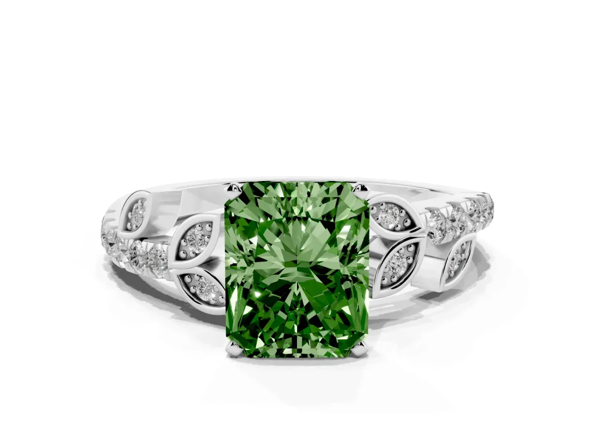Fancy Green Radiant Cut Solitaire Leaf-Inspired Diamond Ring with Pavé Band and Four-Prong Setting Silver