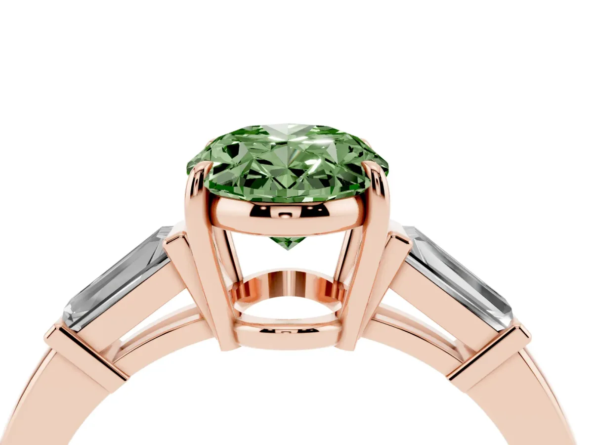 Fancy Green Oval Cut Diamond Three-Stone Ring with Tapered Baguette Side Stones and Prong Setting Rose gold