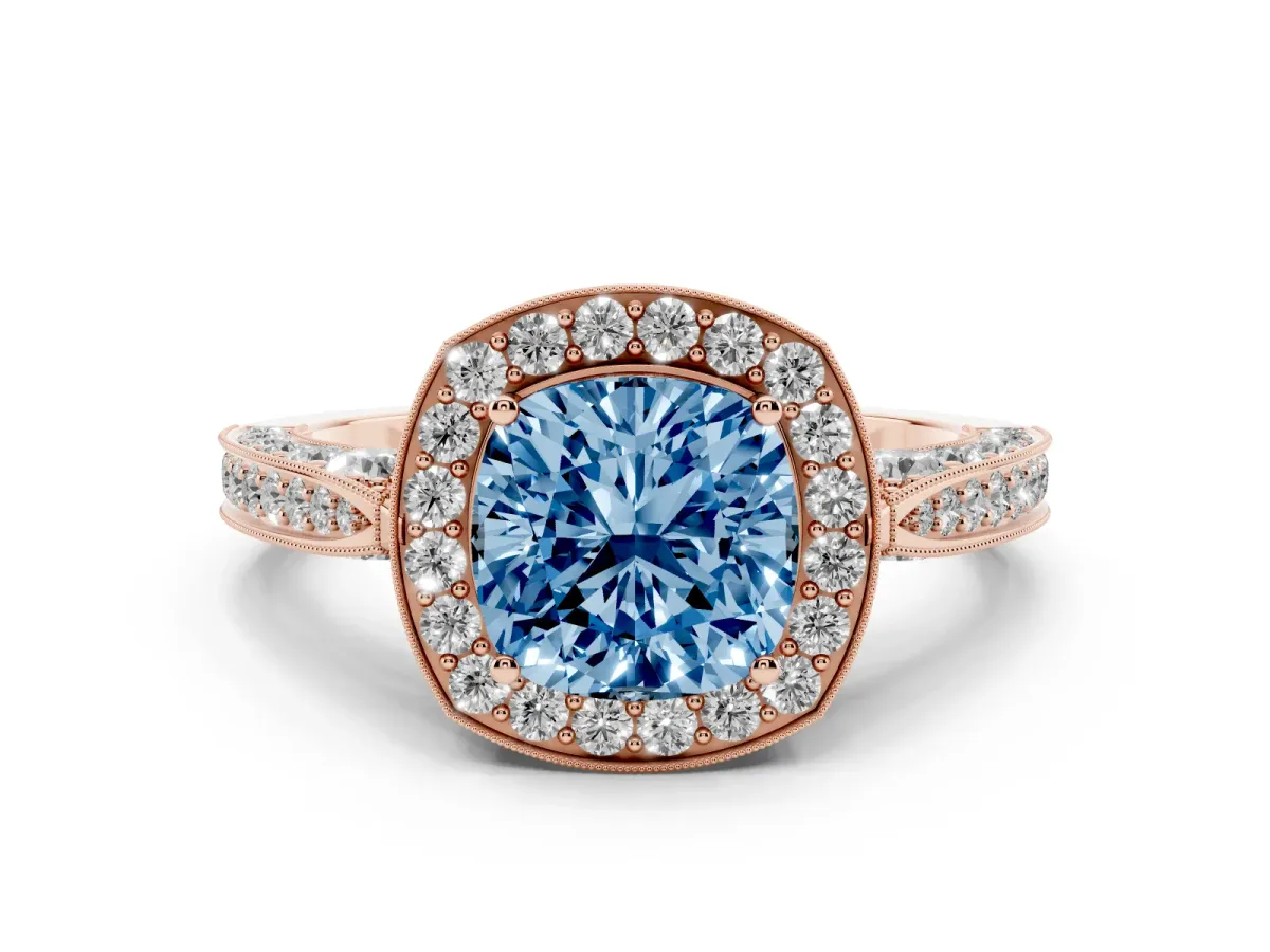 Fancy Blue Cushion Cut Halo Diamond Engagement Ring with Split Shank Band and Four-Prong Setting Rose gold