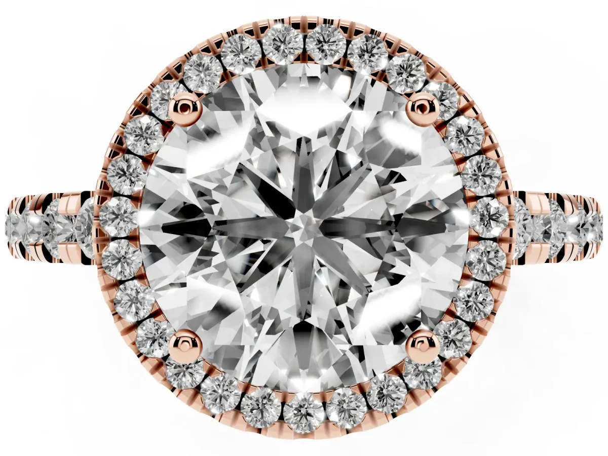 Round Cut Diamond Halo Ring with Pavé Band and Four-Prong Setting Rose gold