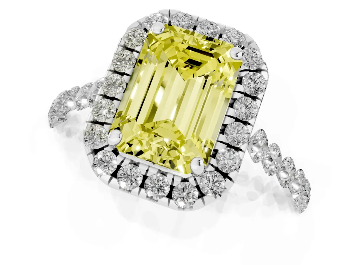 Fancy Yellow Emerald Cut Halo Pavé Diamond Engagement Ring with Four-Prong Setting White gold