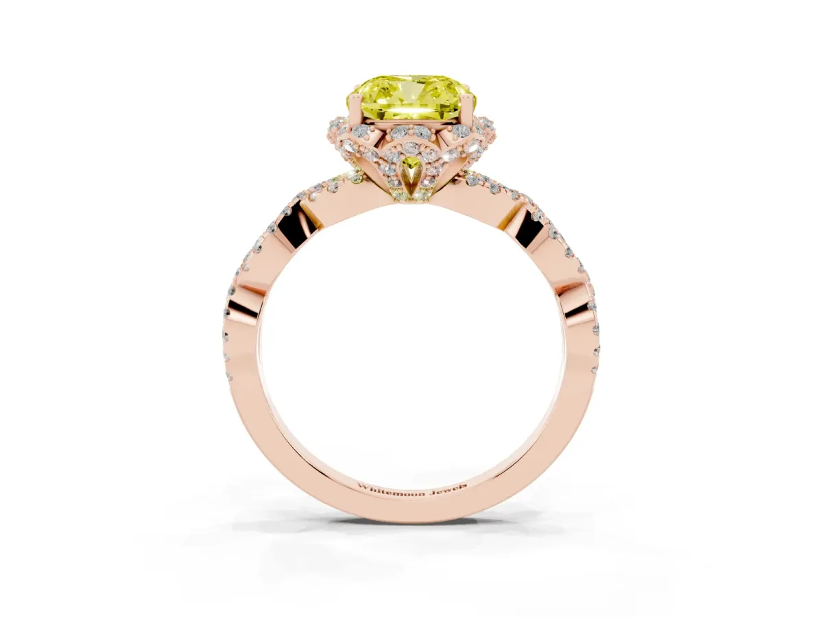 Fancy Yellow Cushion Cut Halo Twist Band Solitaire Ring with Six-Prong Setting Rose gold