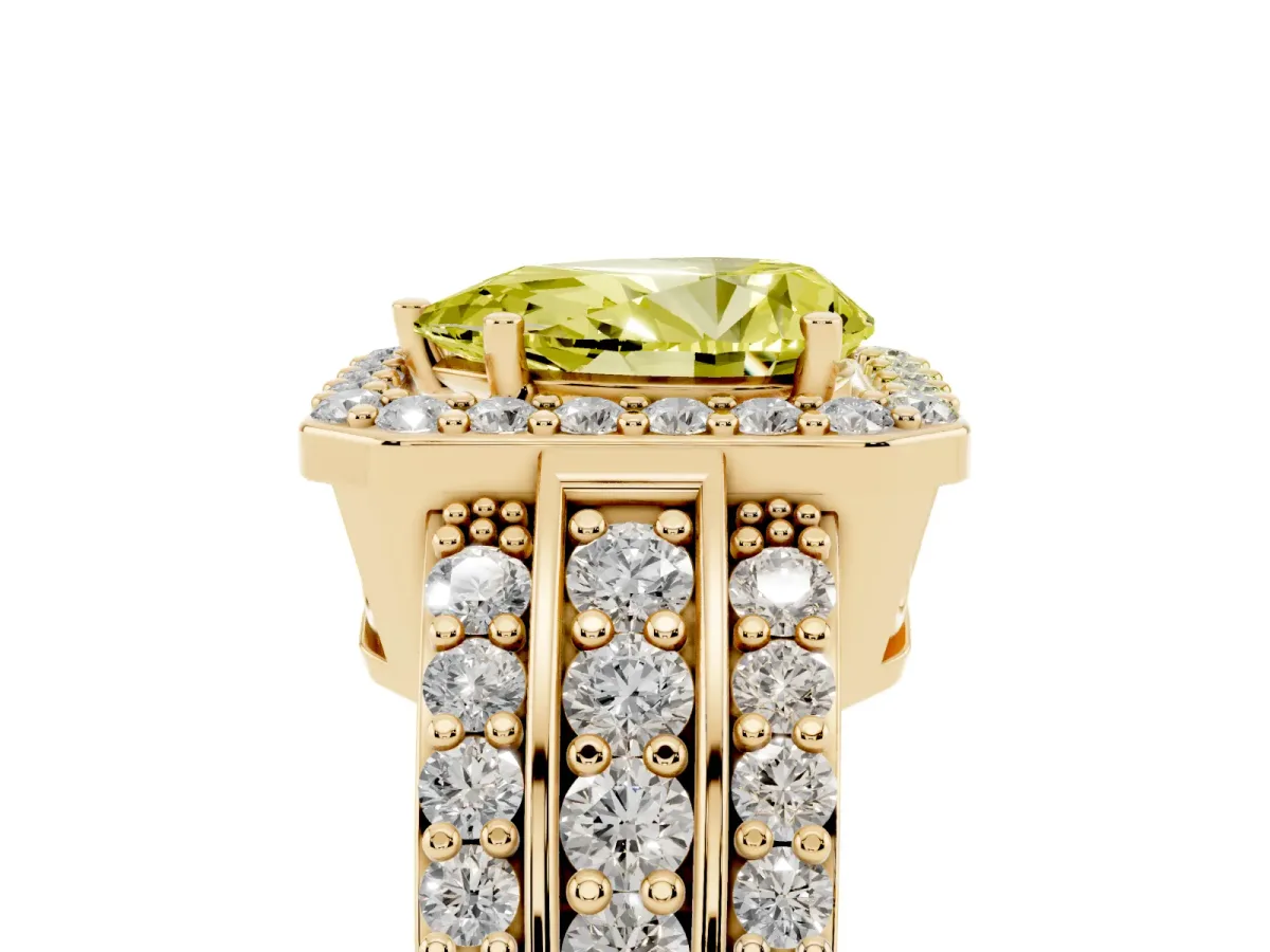 Fancy Yellow Pear Cut Halo Diamond Ring with Round Split Shank and Prong Setting Yellow gold