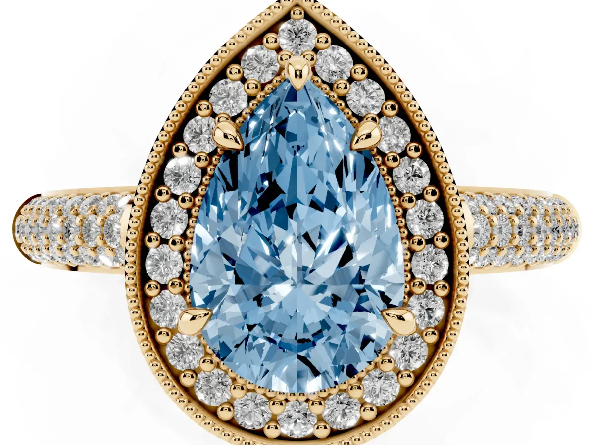 Fancy Blue Pear Cut Cut Halo Diamond Pave Band with Four-Prong Setting Yellow gold