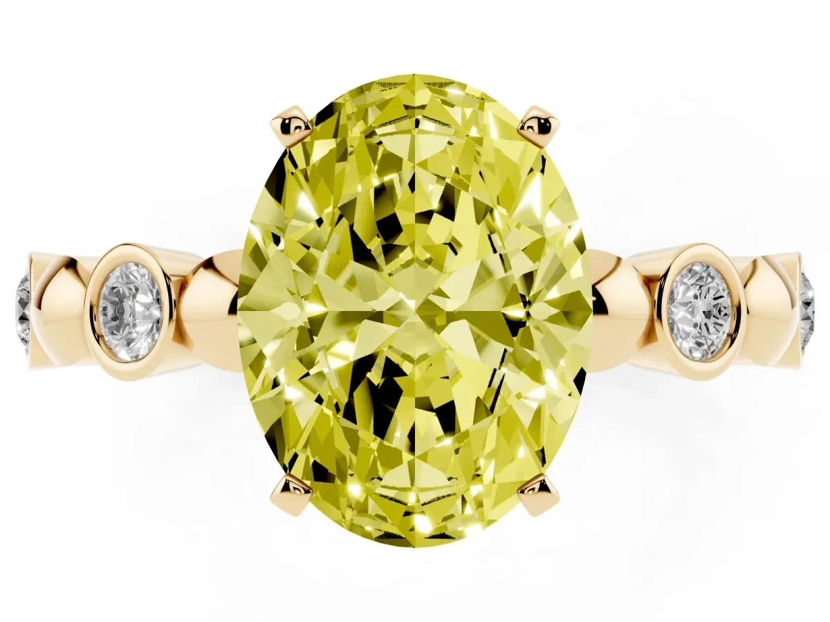 Fancy Yellow Oval Cut Solitaire Bezel-Set Diamond Ring with Beaded Band and Four-Prong Setting Yellow gold