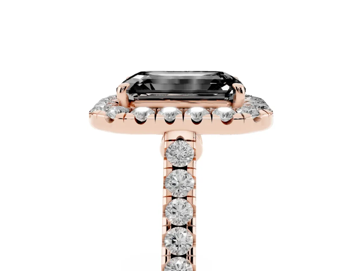 Fancy Black Emerald Cut Halo Pave Diamond Engagement Ring with Four-Prong Setting Rose gold