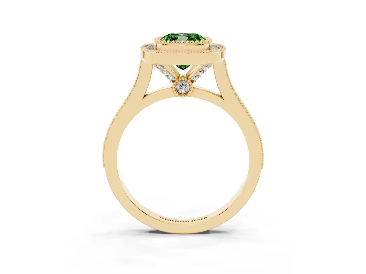 Fancy Green Cushion Cut Diamond Halo Ring with Milgrain Frame and Pavé Band Yellow gold