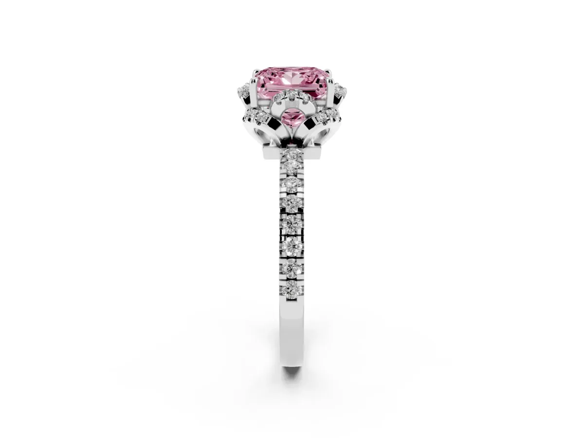 Fancy Pink Princess Cut Halo Diamond Pave Band Ring with Four-Prong Setting White gold