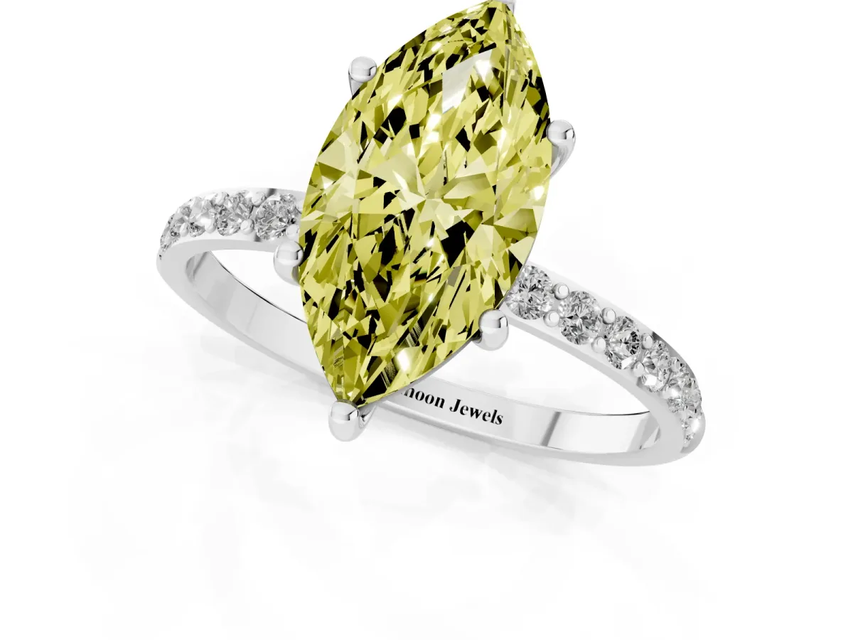 Fancy Yellow Marquise Cut Diamond Solitaire Ring with Round Pavé Shoulders and Prong Setting Silver