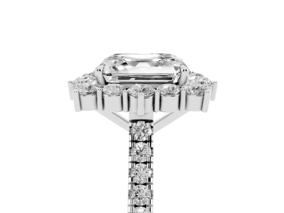 Asscher Cut Halo Diamond Ring with Pavé Band and Prong Setting Silver