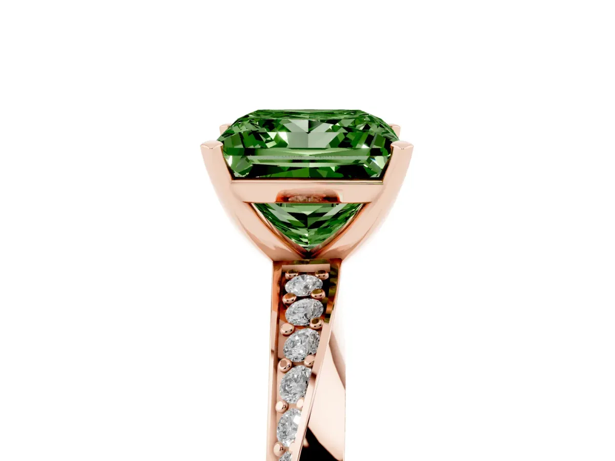 Fancy Green Princess Cut Diamond Engagement Ring with Side Stone Accents and Four-Prong Setting Rose gold