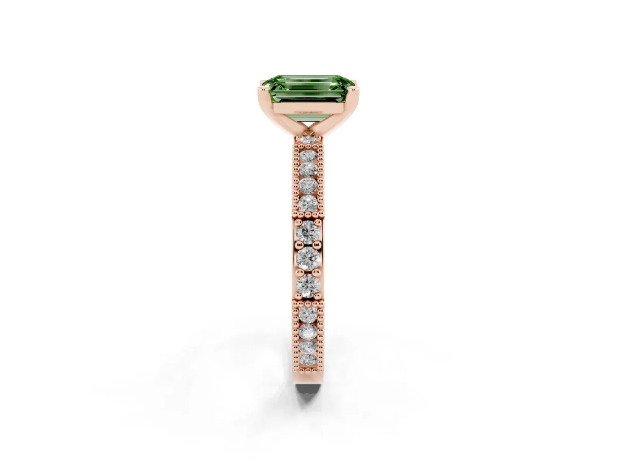 Fancy Green Emerald Cut Solitaire with Pavé Band and Four-Prong Setting Rose gold