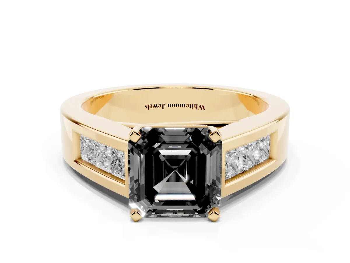 Fancy Black Asscher Cut Cut Channel Set Solitaire Ring with Four-Prong Setting Yellow gold