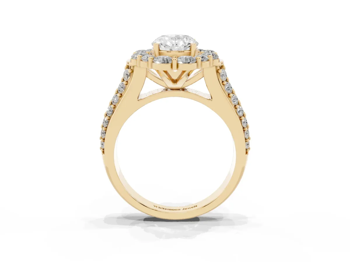 Oval Cut Halo Diamond Engagement Ring with Split Shank and Prong Setting Yellow gold