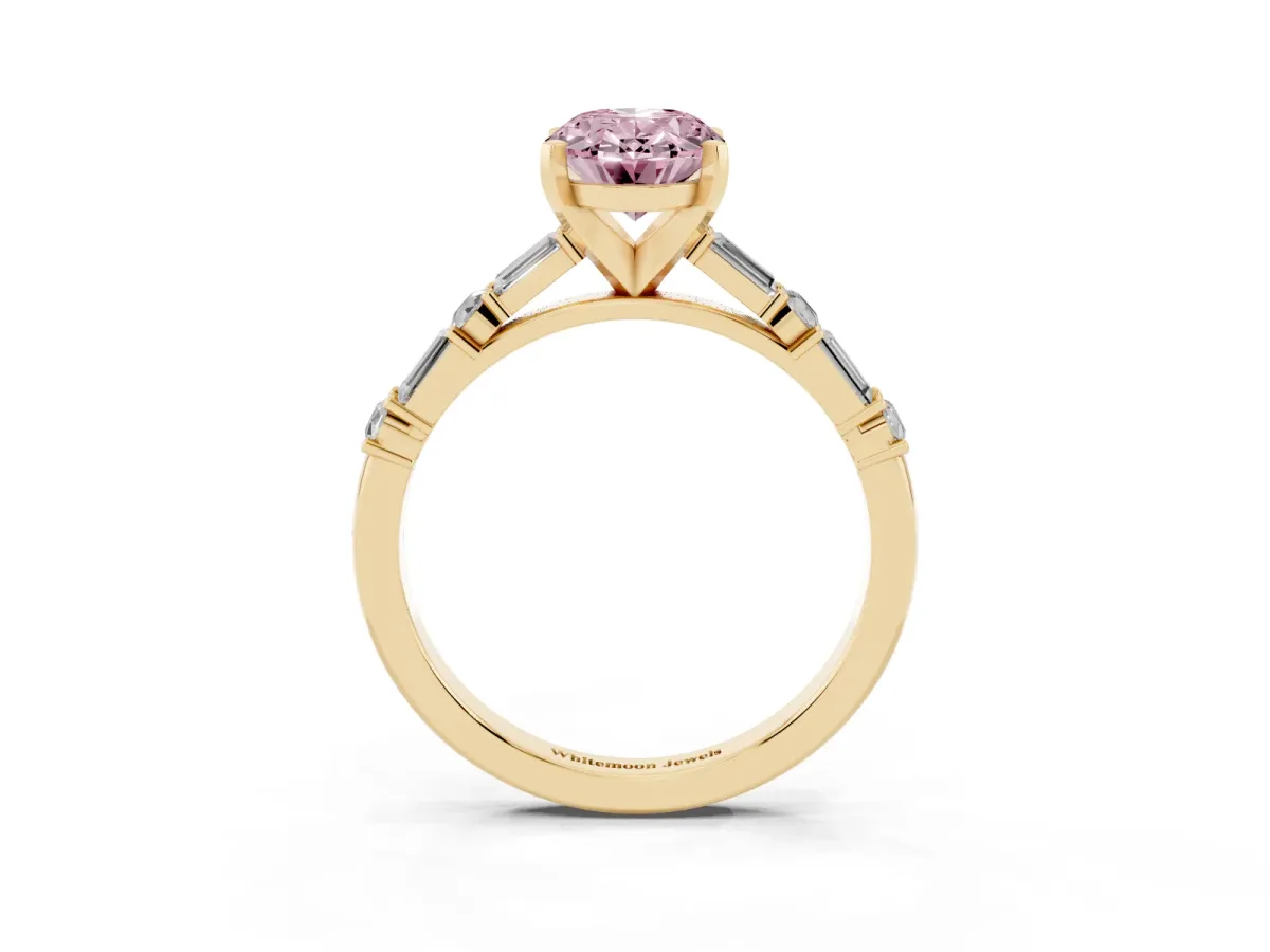 Fancy Pink Oval Cut Diamond Solitaire with Side Baguettes and Channel Set Band Yellow gold
