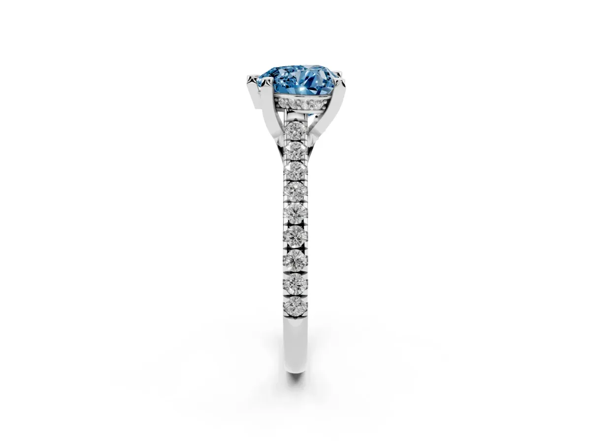 Fancy Blue Heart Cut Brilliant Diamond Solitaire with Pavé Band and Four-Prong Setting Silver