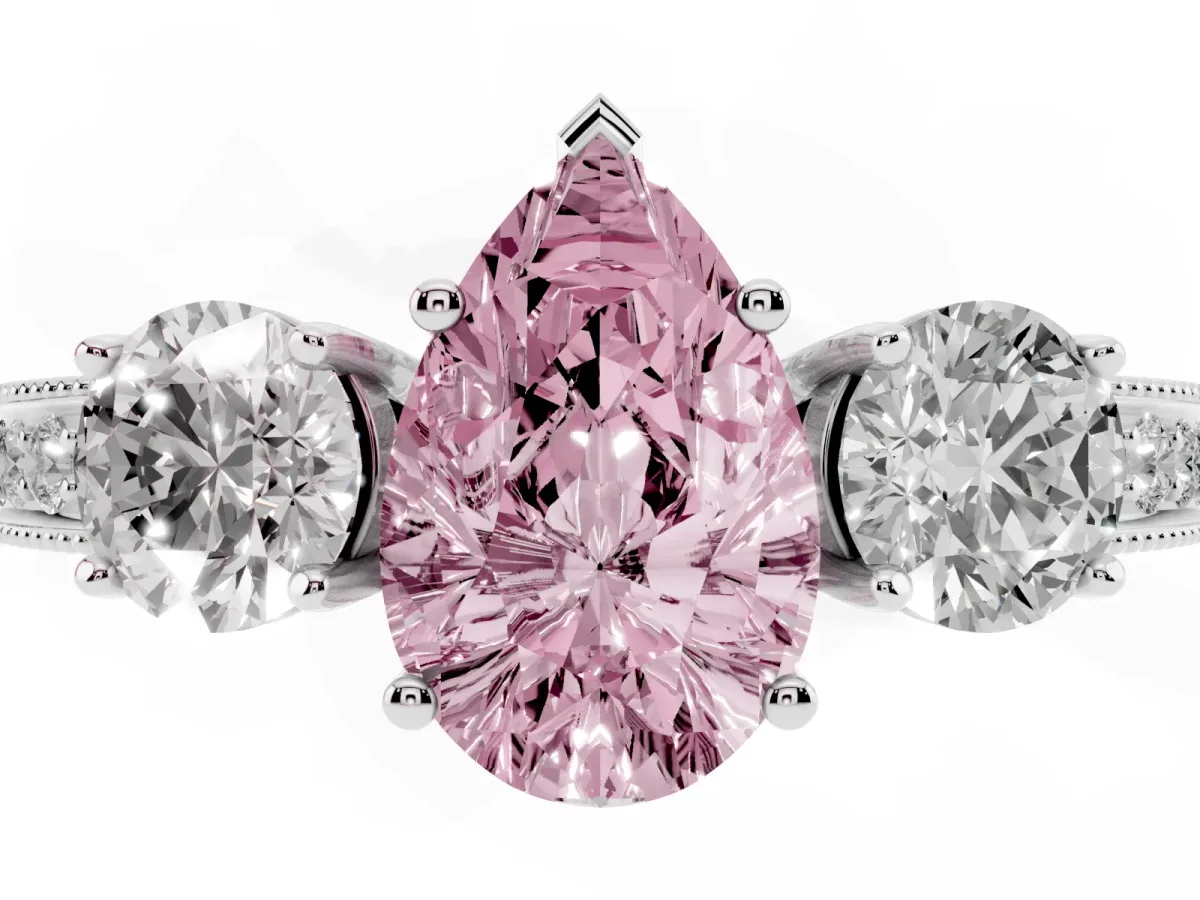 Fancy Pink Pear Cut Three-Stone Diamond Ring with Pavé Band and Four-Prong Setting Silver