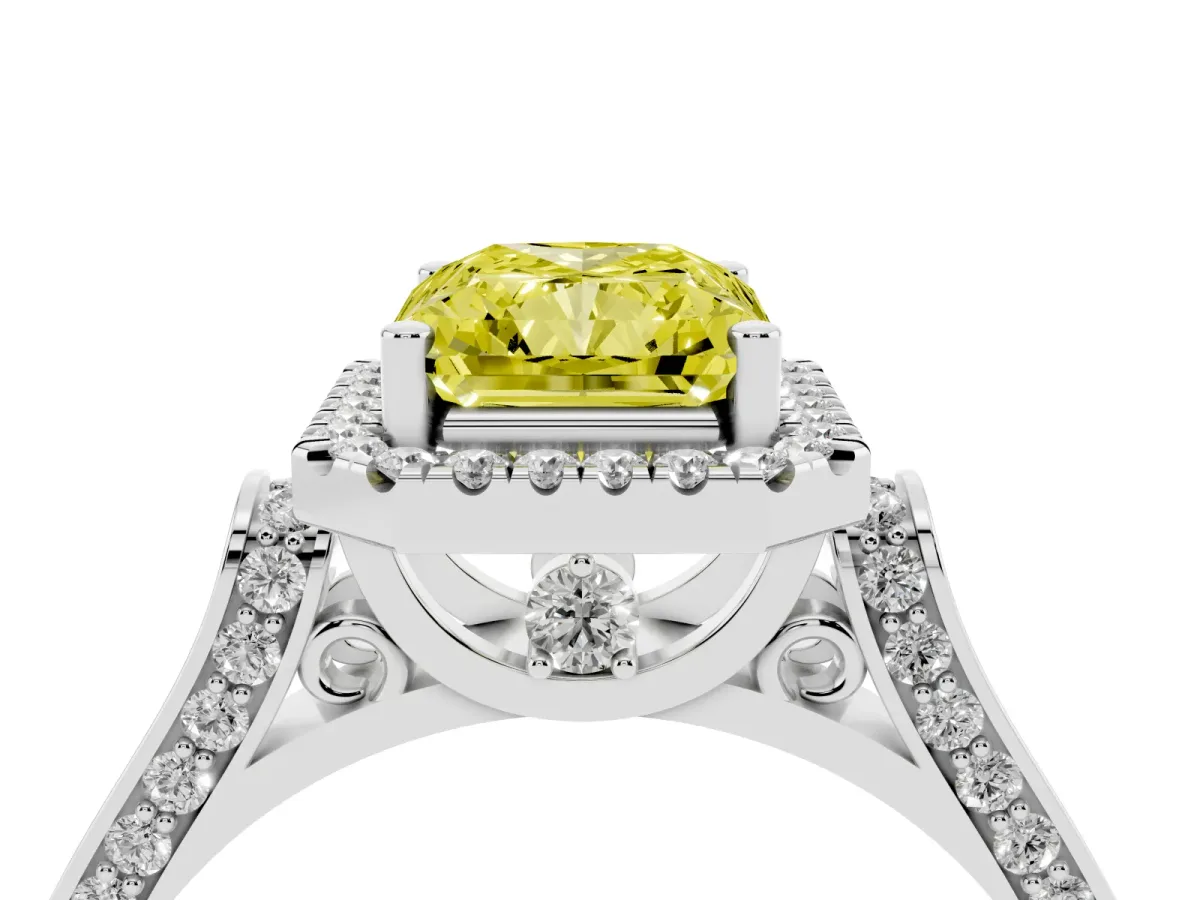 Fancy Yellow Radiant Cut Halo Round Diamond Twist Band with Four-Prong Setting White gold