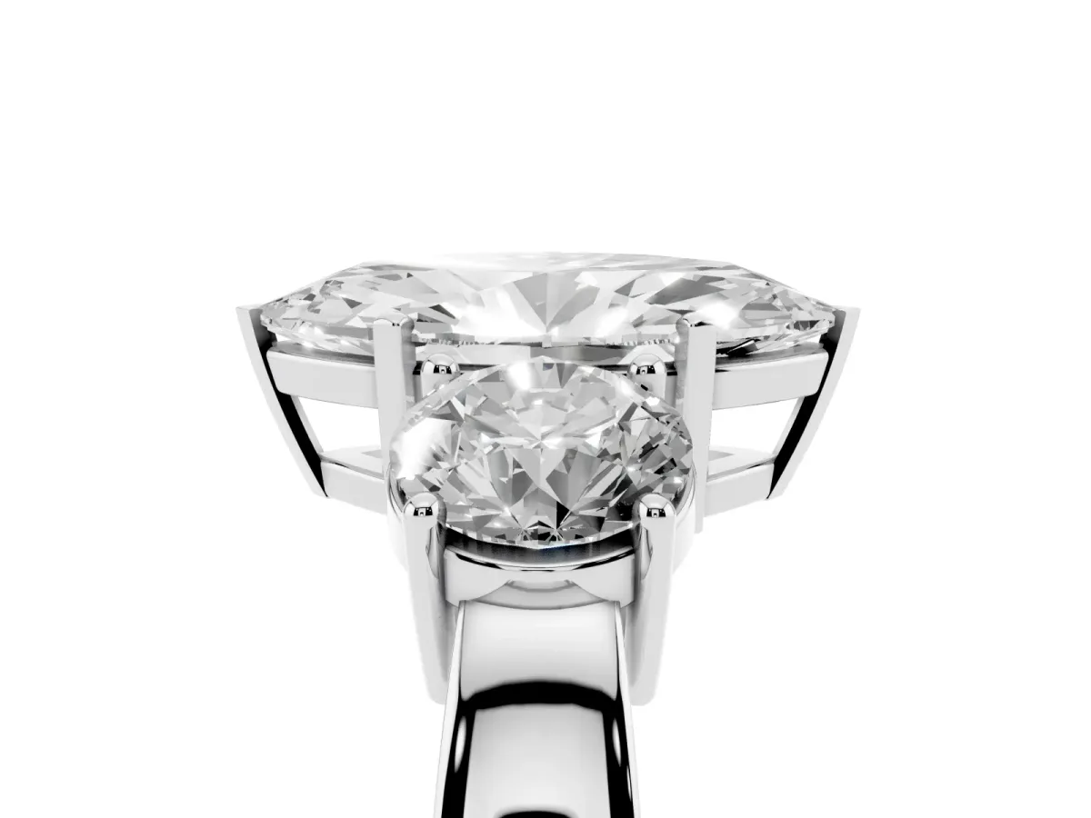 Three-Stone Marquise Cut Diamond Ring with Round Side Stones, Classic Band, and Four-Prong Setting Silver