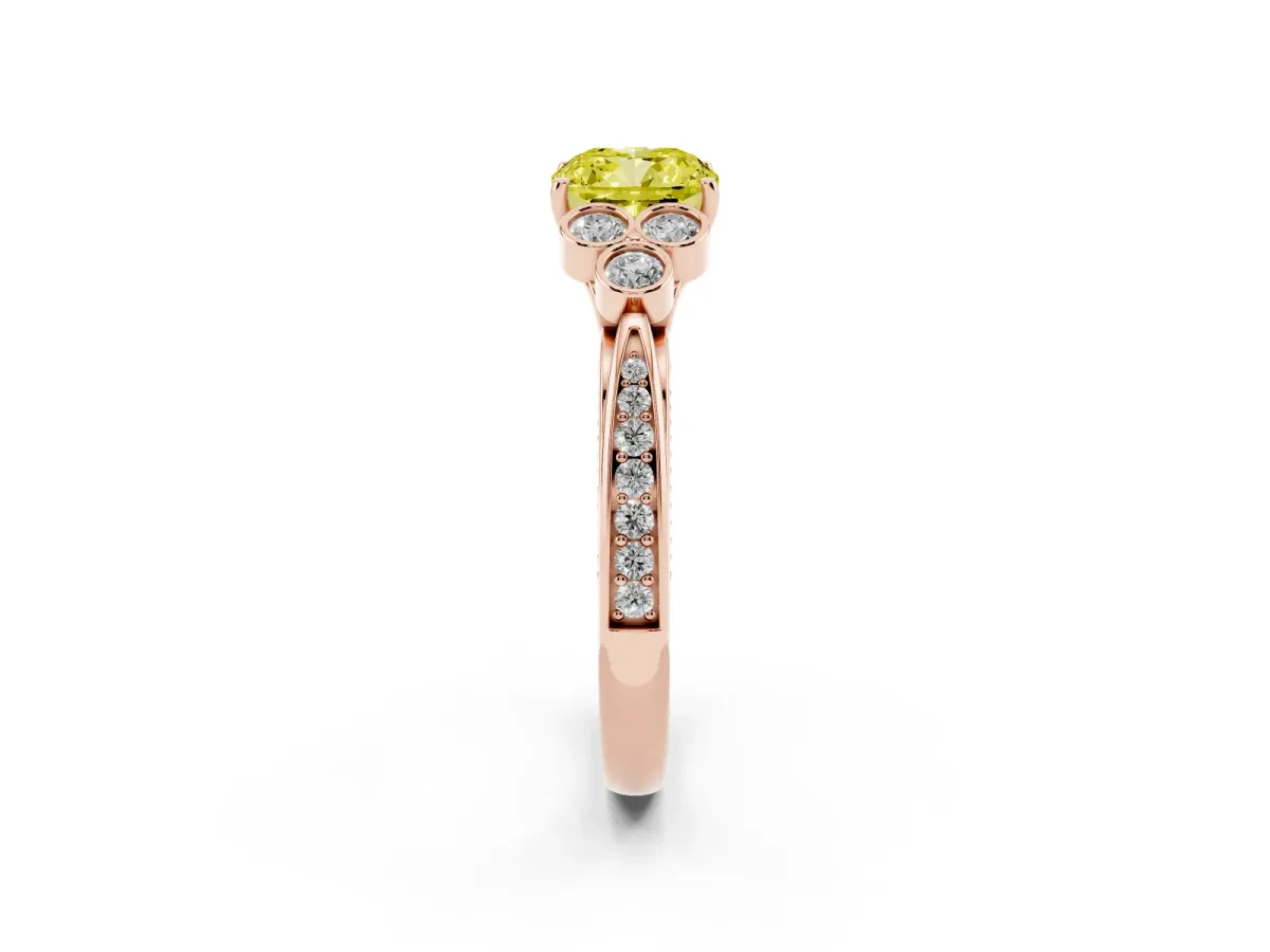 Fancy Yellow Cushion Cut Cut Diamond Engagement Ring with Bezel Set Round Side Stones and Prong Setting Rose gold