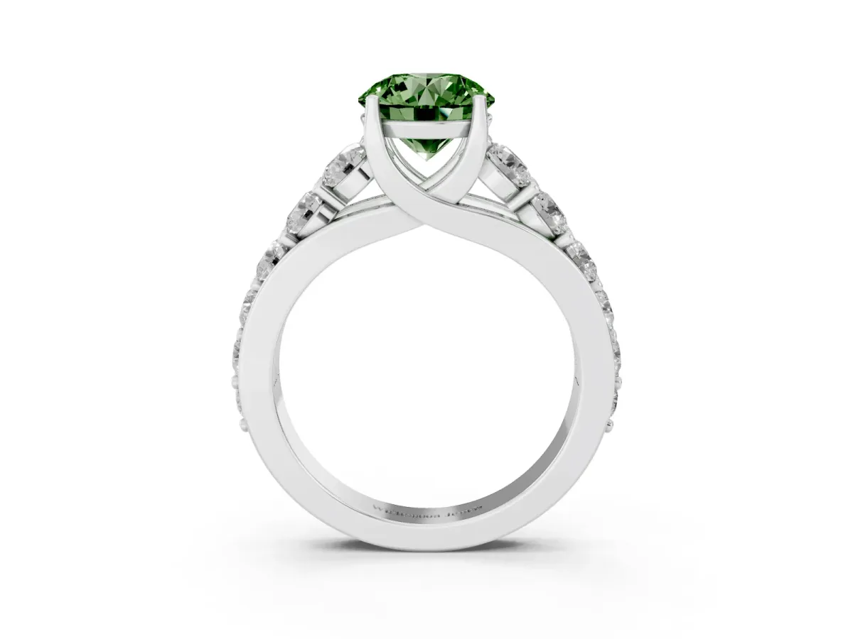 Fancy Green Round Cut Diamond Engagement Ring with Pavé Band and Four-Prong Setting Platinum
