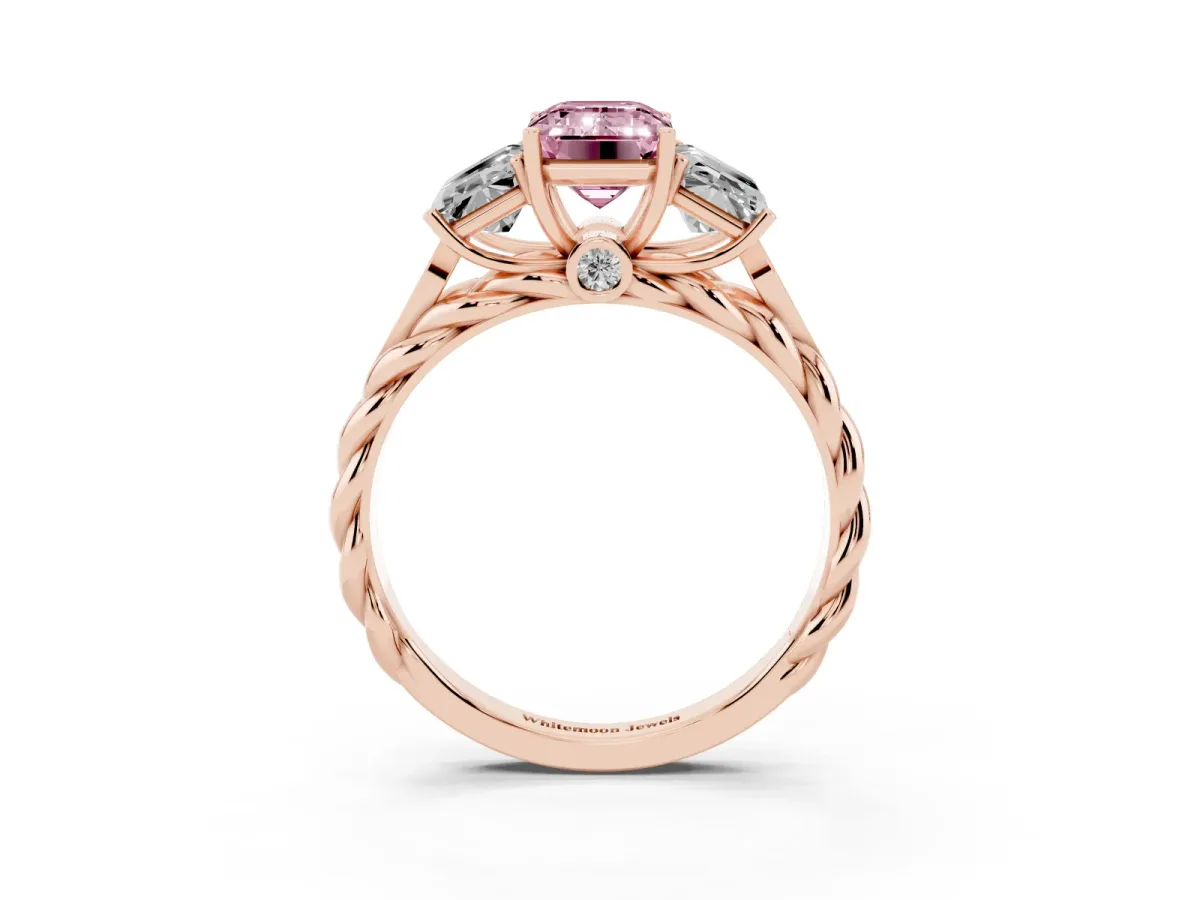 Fancy Pink Three-Stone Radiant Cut Diamond Braided Band Ring with Four-Prong Setting Rose gold