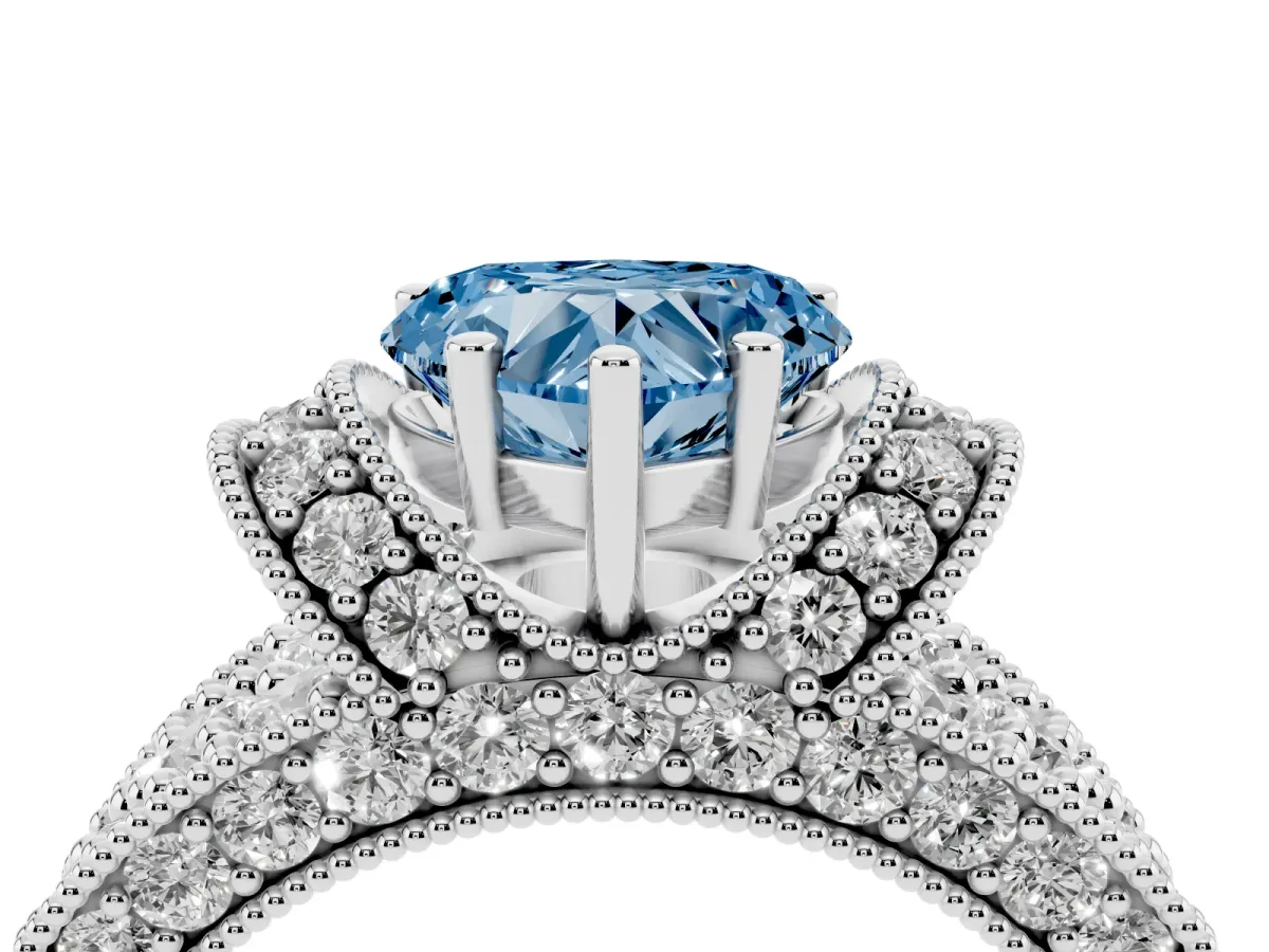 Fancy Blue Heart Cut Halo Pave Diamond Engagement Ring with Milgrain Detailing Silver