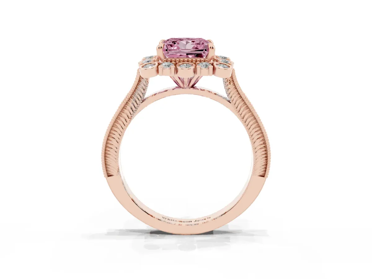Fancy Pink Princess Cut Halo Milgrain Pave Diamond Ring with Four-Prong Setting Rose gold