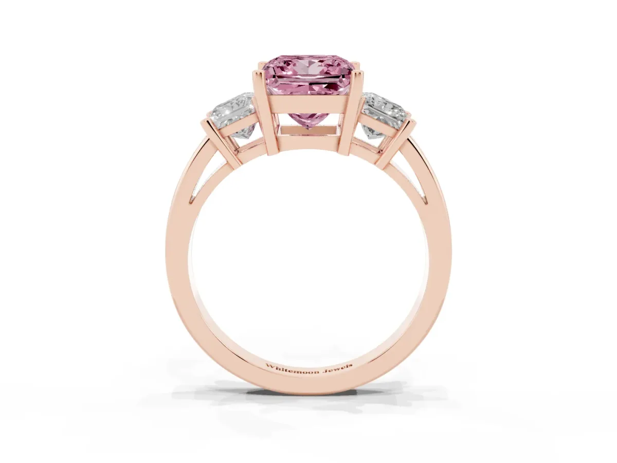 Fancy Pink Three-Stone Princess Cut Cut Solitaire Ring with Prong Setting Rose gold