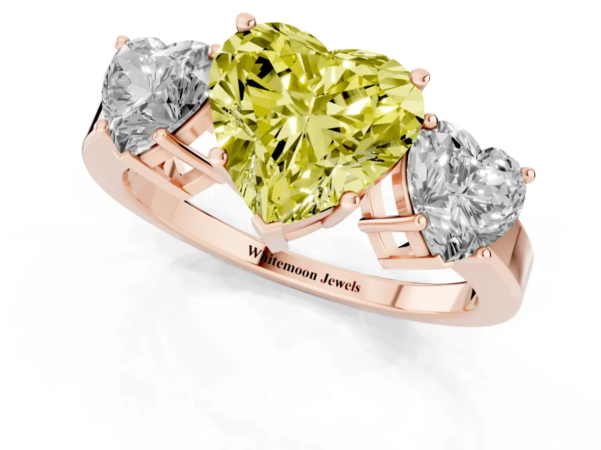 Fancy Yellow Three-Stone Heart Cut Cut Diamond Engagement Ring with Flat Band and Four-Prong Setting Rose gold