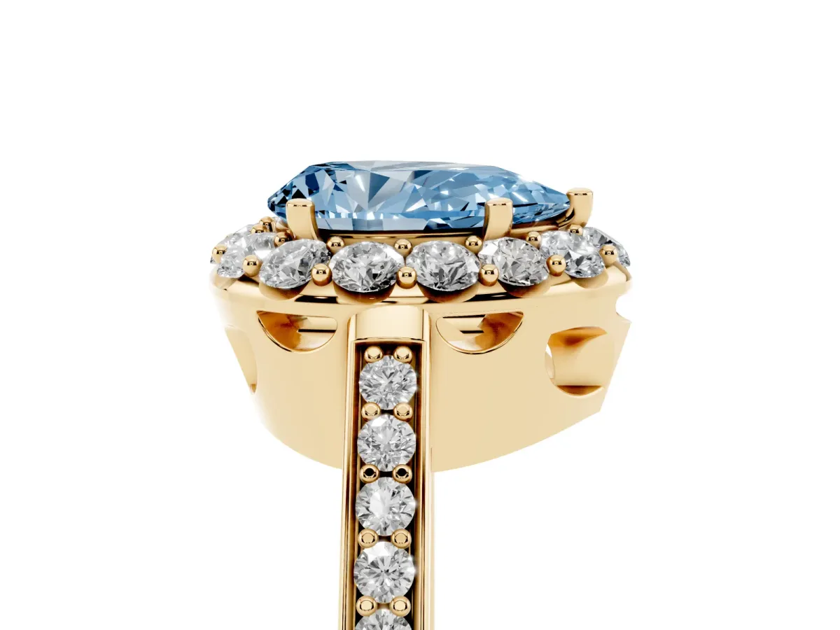 Fancy Blue Pear Cut Diamond Floral Halo Ring with Pavé Band and Prong Setting Yellow gold