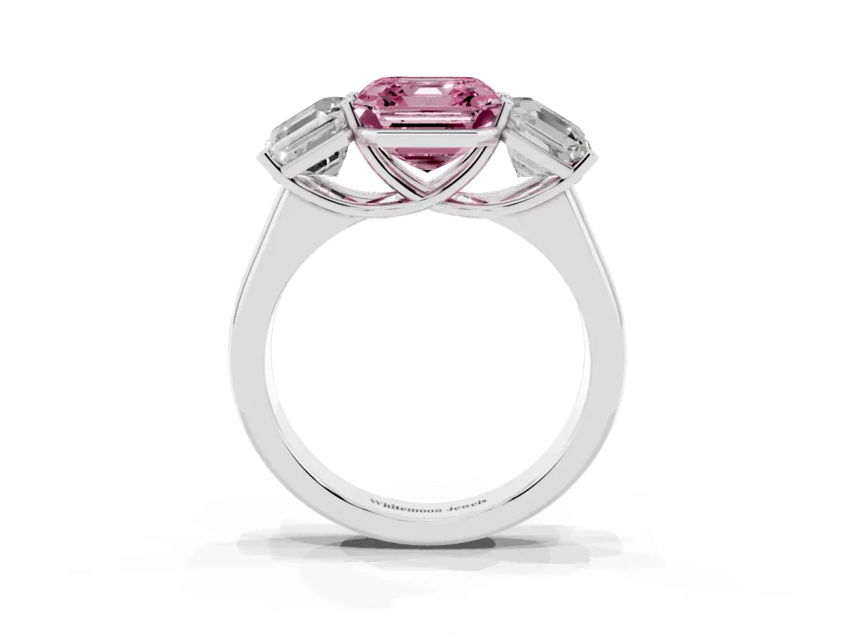 Fancy Pink Asscher Cut Three-Stone Diamond Ring with Prong Setting on a Classic Band Platinum