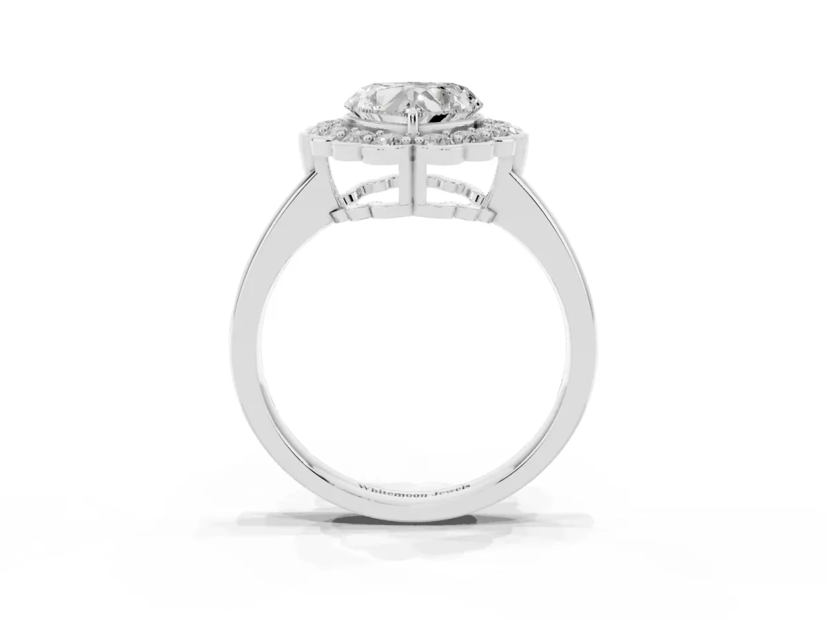 Heart Cut Halo Cluster Diamond Engagement Ring with Solitaire Band and Prong Setting Platinum