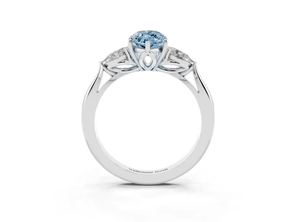 Fancy Blue Marquise Cut Diamond Three-Stone Ring with Pear Side Stones and Prong Setting Silver
