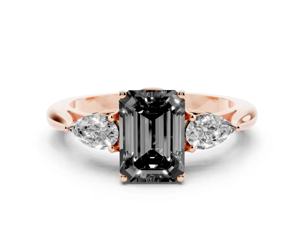 Fancy Black Emerald Cut Diamond Three-Stone Ring with Pear Side Stones and Prong Setting Rose gold