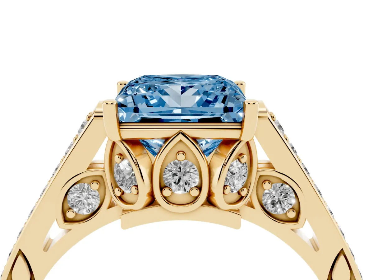 Fancy Blue Princess Cut Cut Cathedral Pave Diamond Engagement Ring with Six-Prong Setting Yellow gold
