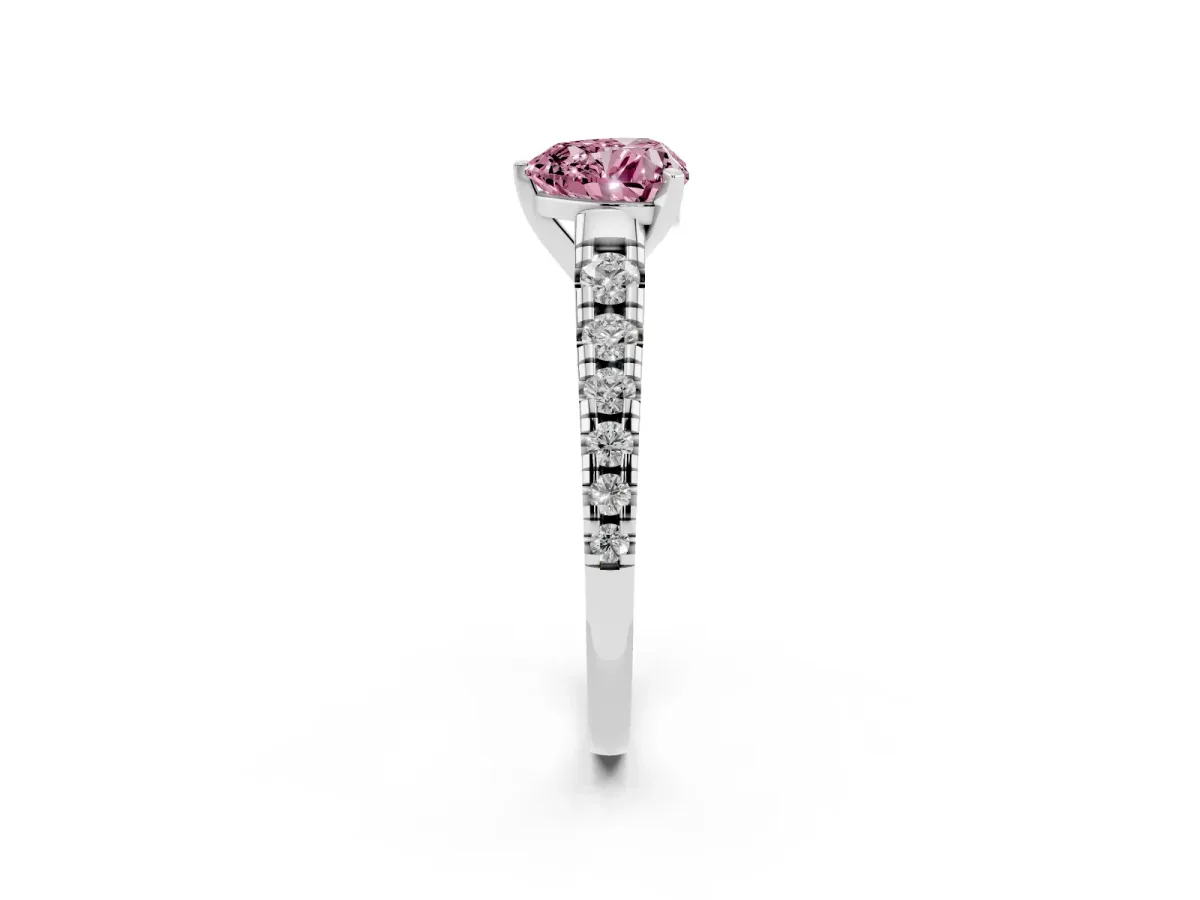 Fancy Pink Heart Cut Diamond Cathedral Solitaire Ring with Round Pavé Band Silver