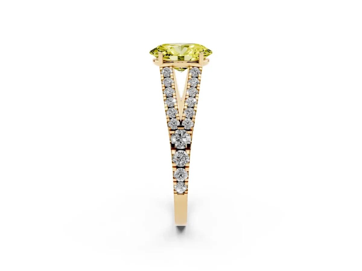Fancy Yellow Oval Cut Diamond Split Shank Pavé Engagement Ring with Four-Prong Setting Yellow gold