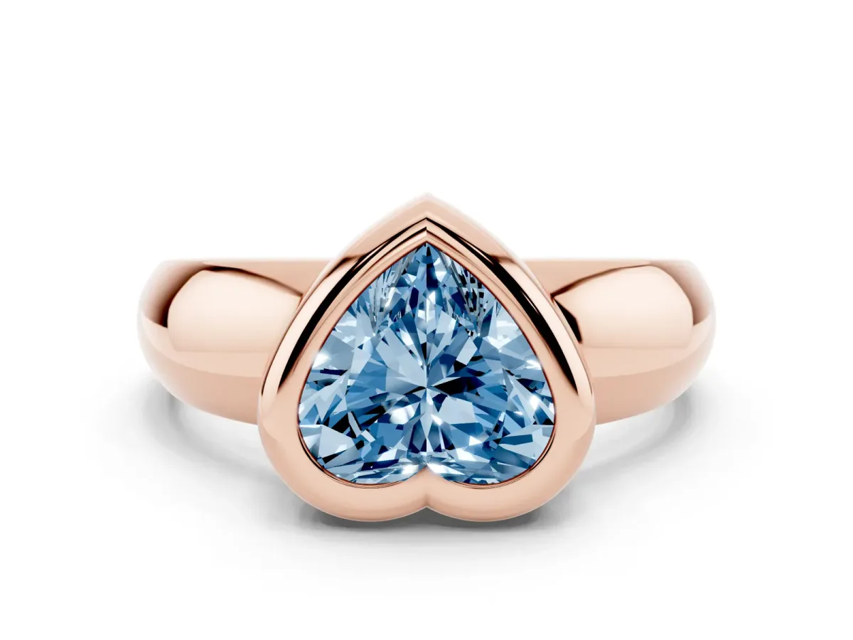 Fancy Blue Bezel Set Heart Cut Solitaire Ring with Wide Band Rose gold