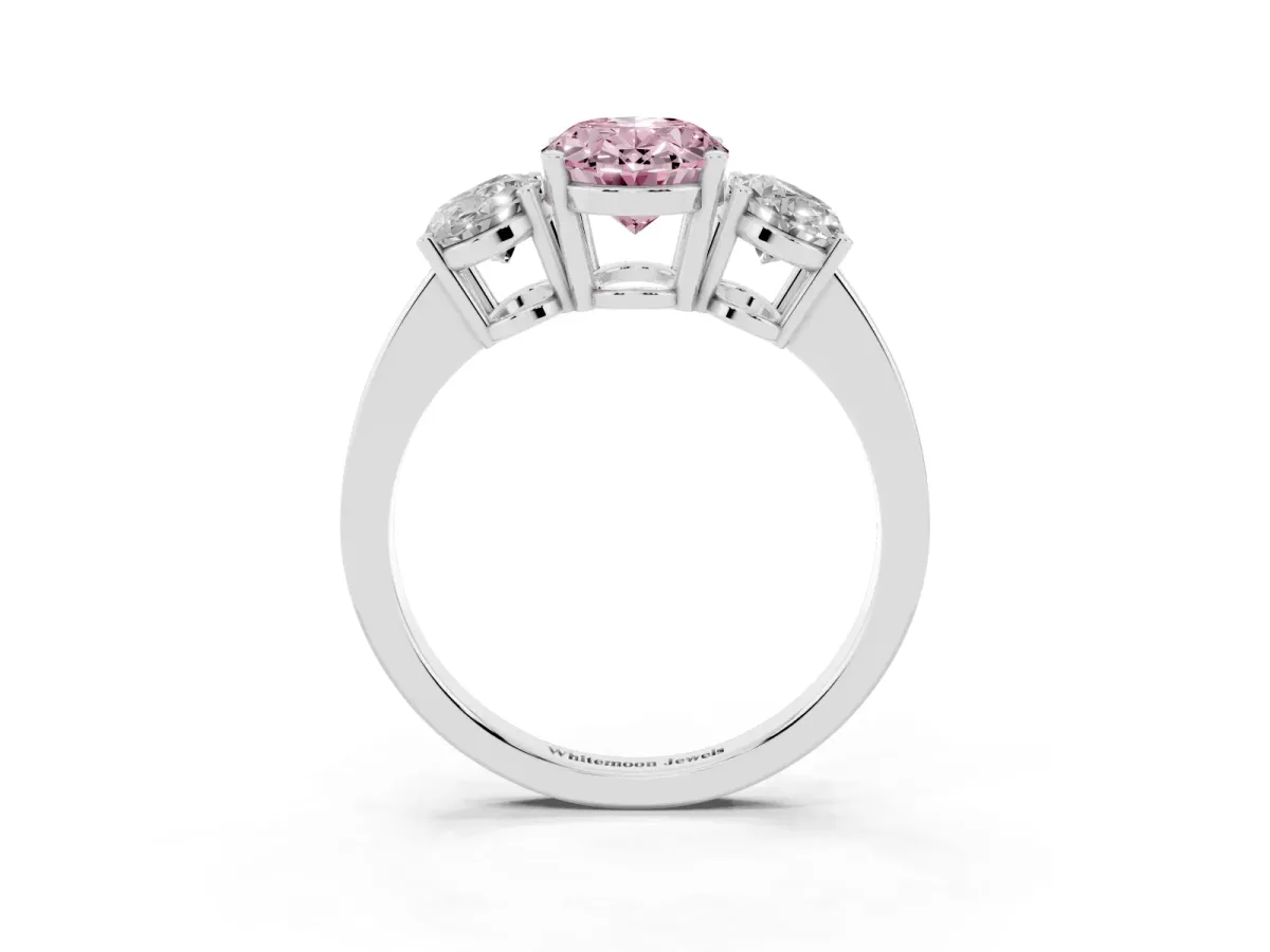 Fancy Pink Three-Stone Oval Cut Cut Diamond Engagement Ring with Flat Band and Four-Prong Setting Silver