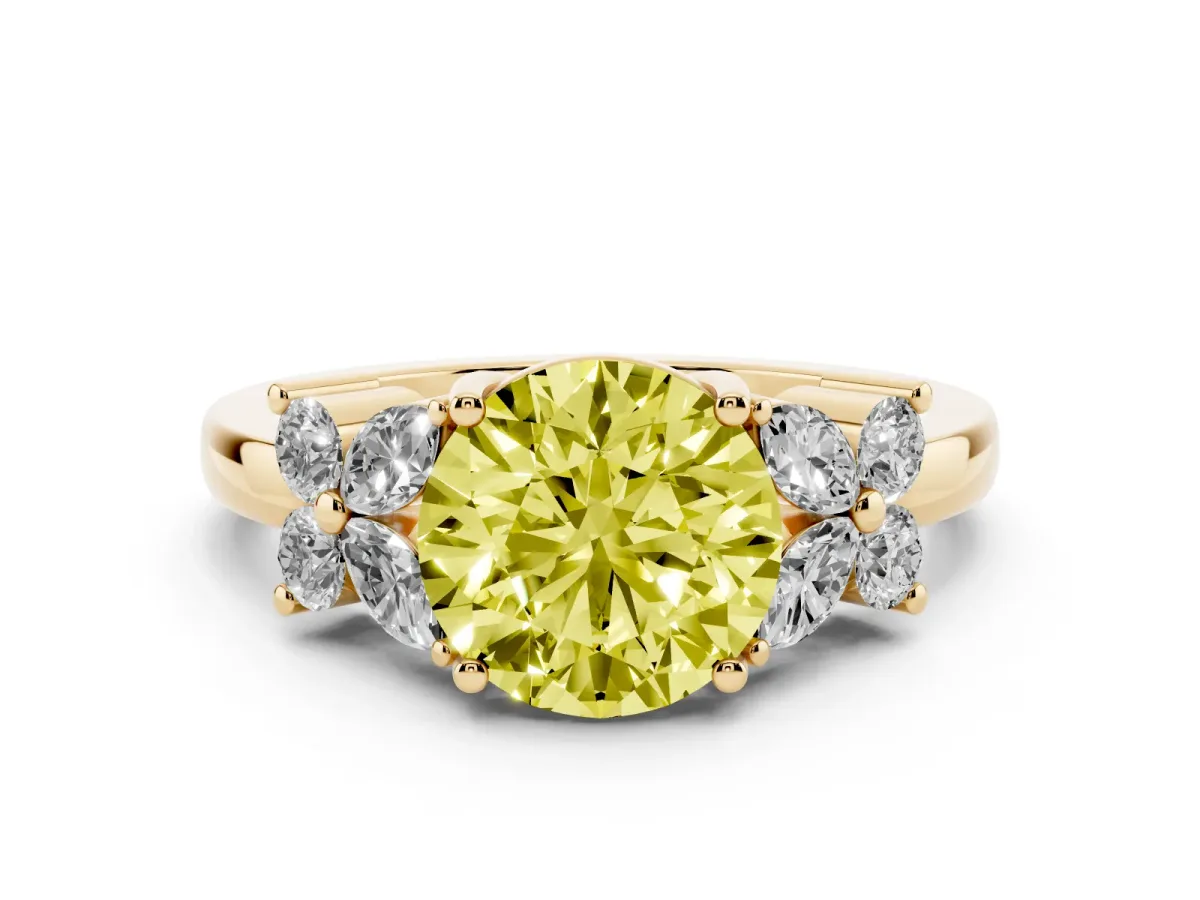 Fancy Yellow Round Cut Diamond Floral Cluster Ring with Solitaire Band and Prong Setting Yellow gold