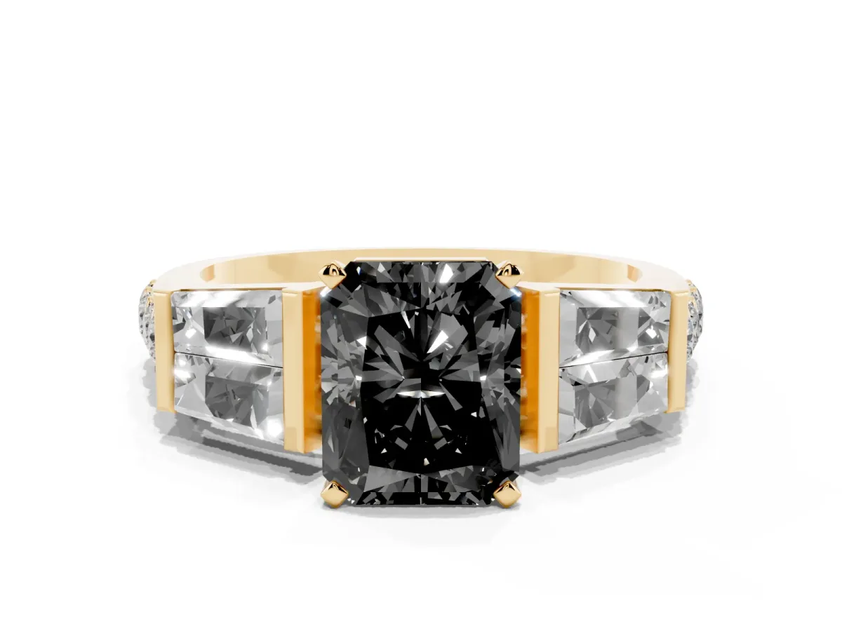 Fancy Black Radiant Cut Diamond Engagement Ring with Baguette Side Stones and Channel Set Band Yellow gold