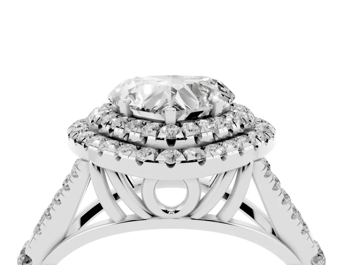 Double Halo Heart Cut Diamond Split Shank Engagement Ring with Four-Prong Setting Silver