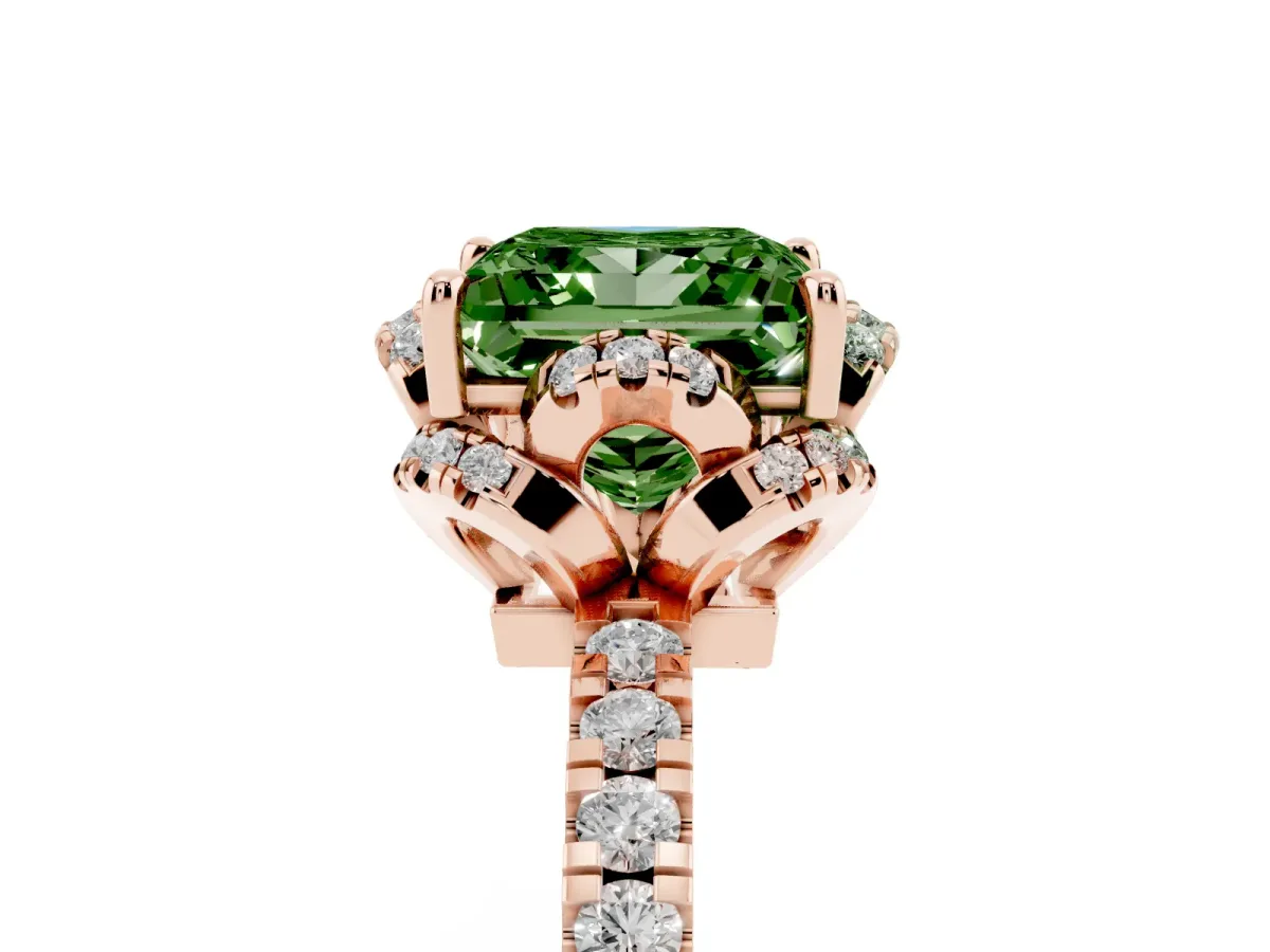 Fancy Green Princess Cut Halo Diamond Pave Band Ring with Four-Prong Setting Rose gold