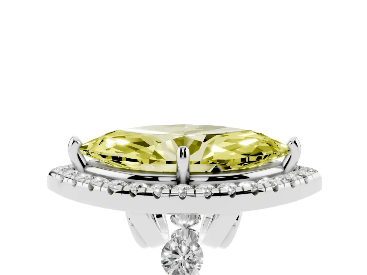 Fancy Yellow Marquise Cut Halo Pavé Diamond Engagement Ring with Four-Prong Setting Platinum
