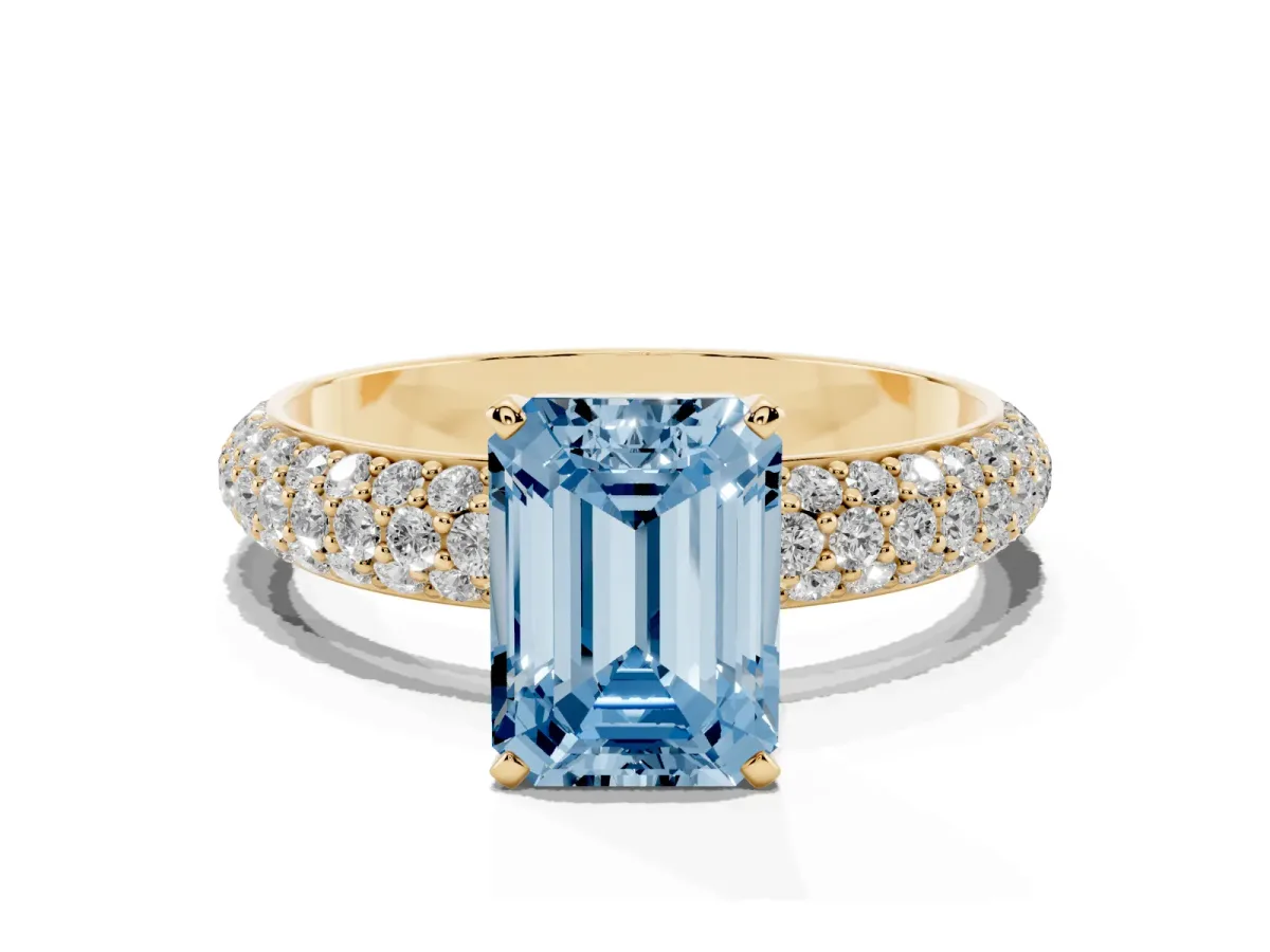 Fancy Blue Emerald Cut Diamond Solitaire Ring with Prong Setting and Pavé Band Yellow gold