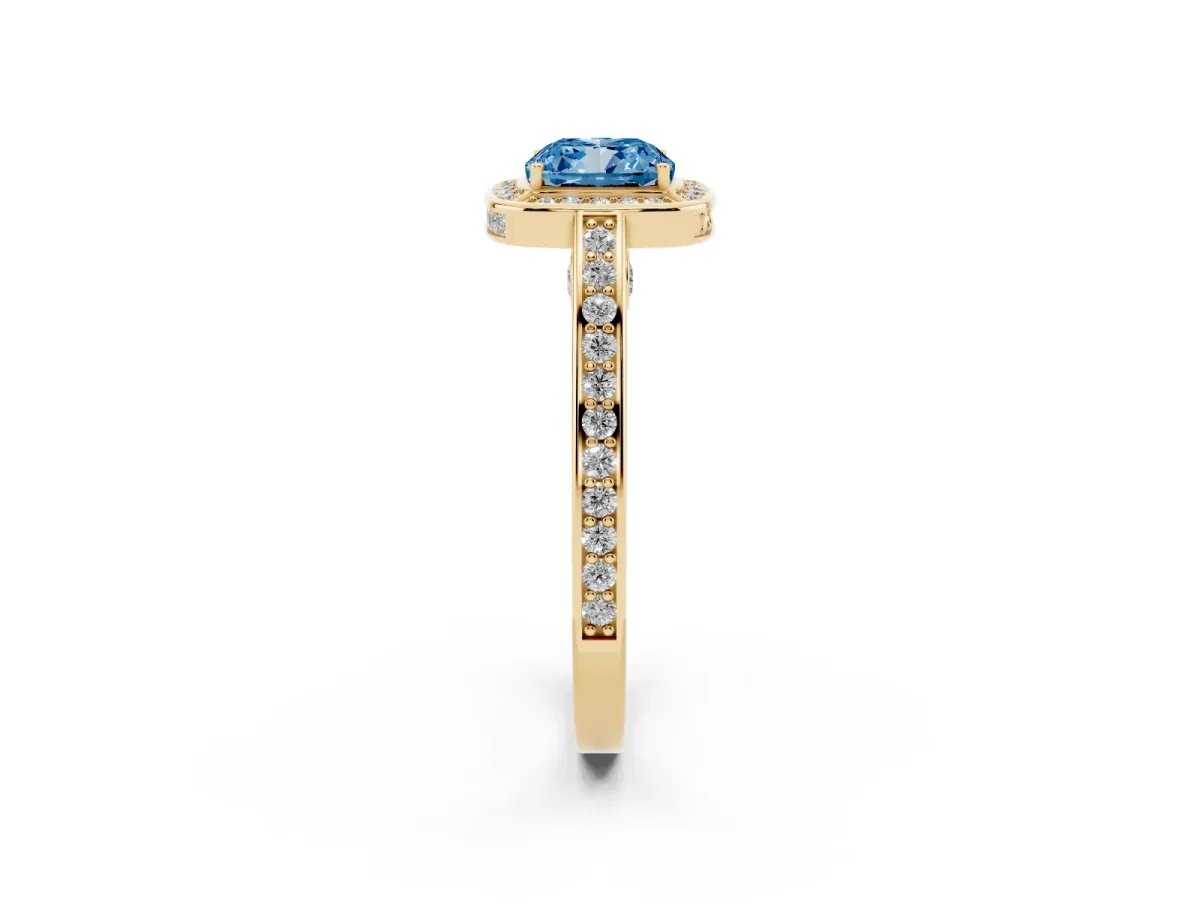 Fancy Blue Cushion Cut Cut Halo Pave Split Shank Prong Setting Ring Yellow gold