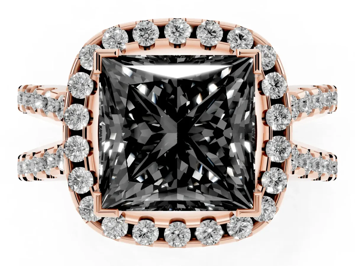 Fancy Black Princess Cut Diamond Halo Ring with Split Shank Pavé Band and Prong Setting Rose gold
