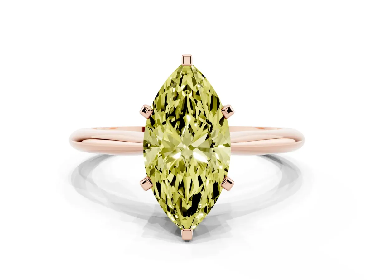 Fancy Yellow Marquise Cut Cut Solitaire Ring with Four-Prong Setting on a Classic Band Rose gold